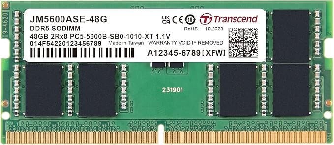 Transcend 48GB(1x48GB) 5600Mhz SODIMM CL46 DDR5 Notebook Ram (JM5600ASE-48G)